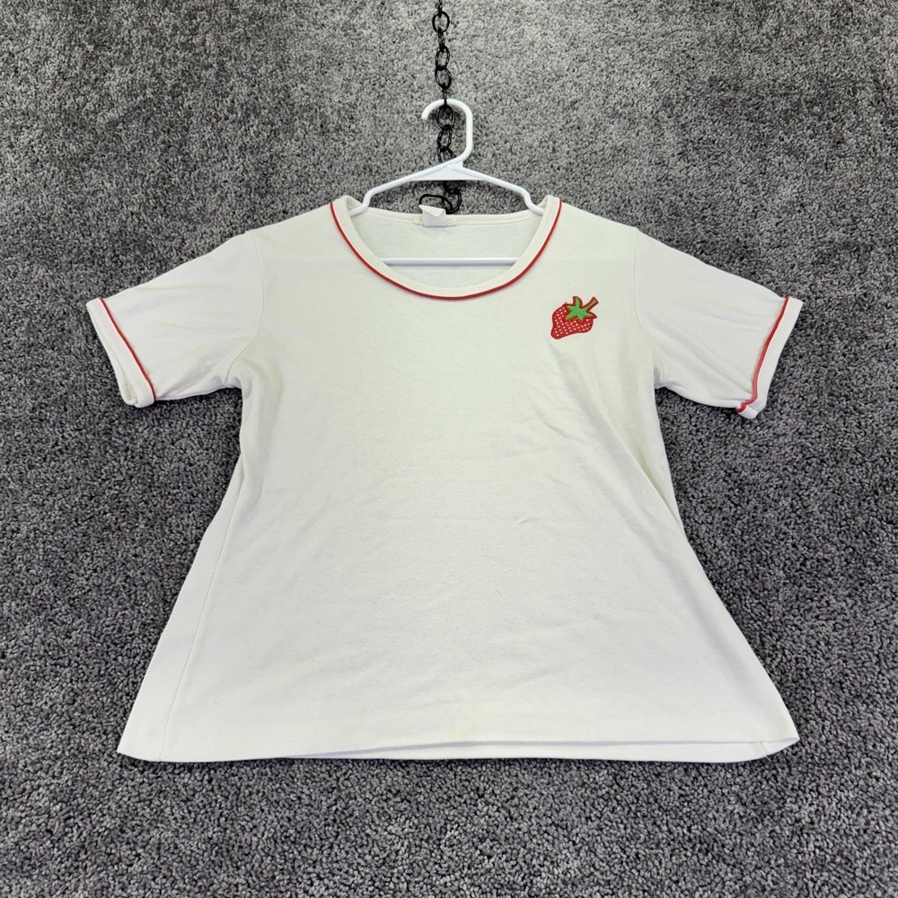 Vtg Strawberry Shirt Womens Large White Ringer Short Sleeve Crew Neck Casual